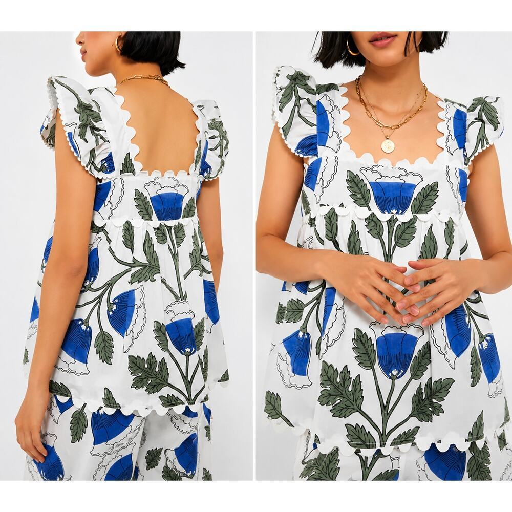 JULIET DUNN White Blue Baby Doll Top Floral Size M NWT Retail $280 Tuckernuck